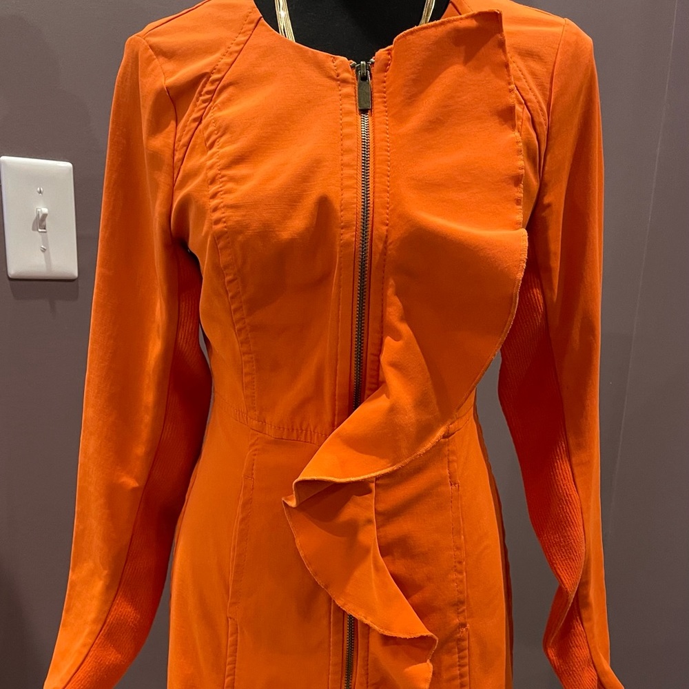 Bebe Womens Tempted Orange Dress Full Zip Up Flutter Long Sleeves Size Small